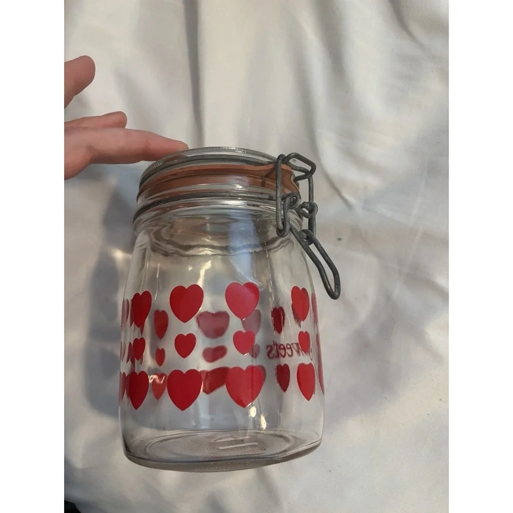 Glass Sweets Jar Vintage Heart‎ Pattern Red Bale Wire Lid 5.5in